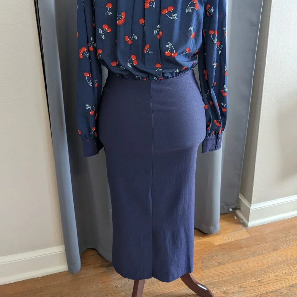 NWT Unique Vintage Navy Cherry Print Bishop Sleeve Wiggle Pencil Dress L(10/12) - Picture 4 of 13